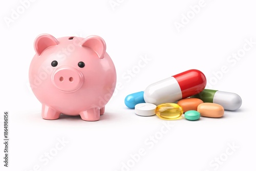 Financial Wellness Concept: Balancing Health Costs with Savings Illustrated by Piggy Bank and Pills