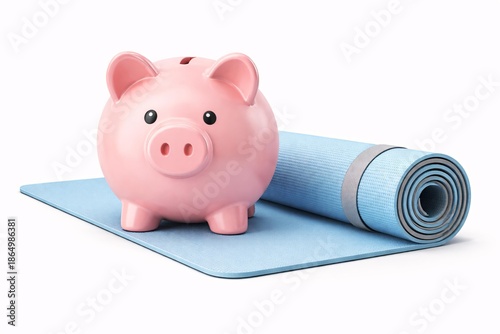 Financial Wellness Concept: Piggy Bank with Yoga Mat Symbolizing Balance Between Fitness and Finance