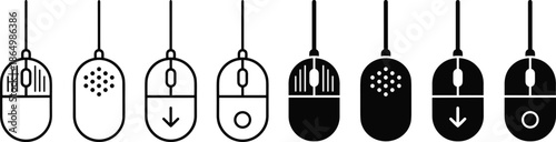 Computer mouse icon set wired click scroll download cursor minimal black and white vector illustration