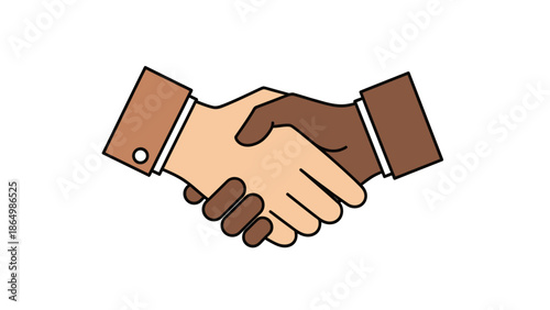 Illustration of two diverse hands shaking in a firm handshake against a plain white background with brown sleeves.