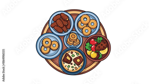 Overhead view of a colorful assortment of various snacks arranged on a wooden platter against a white background.