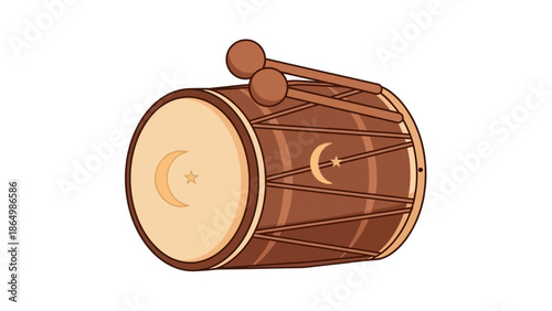 Illustration of a traditional drum with a crescent moon design on the head and body, set against a plain white background.