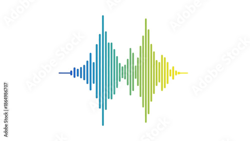 Colorful sound wave graphic with blue, green, and yellow hues on a white background, showcasing a vibrant audio waveform design.