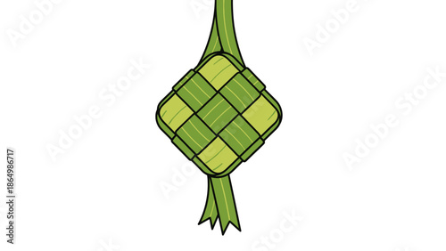 Close-up illustration of a green woven ketupat on a white background with traditional Southeast Asian design.