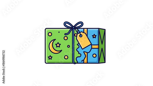 A colorful gift box with a cartoon design featuring a moon and stars on a green background and a blue and yellow pattern on the right side, tied with a blue ribbon bow on a white background.
