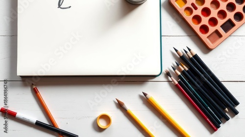Artistic creation with drawing tools and a sketchbook, a palette of colors, and pencils on a white wooden surface