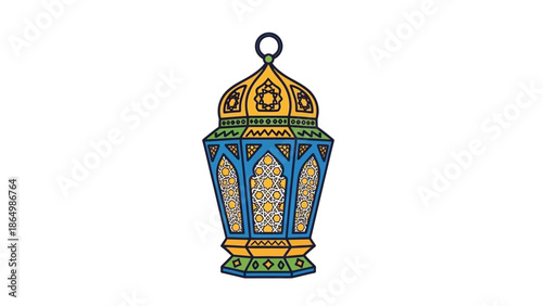 Colorful illustration of a traditional lantern with intricate designs in blue, gold, and green on a white background.