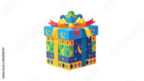 Colorful gift box with decorative patterns and a bow on top against a plain white background.