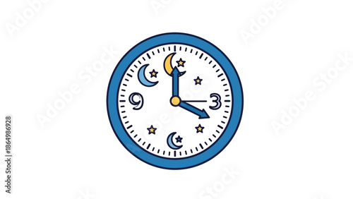 Illustration of a clock with celestial symbols on its face, showing 10 o'clock, against a plain white background with a blue border.