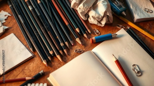 Art supplies laid out on a wooden table, including a sketchbook, pencils, and erasers, ready for creative work and drawing