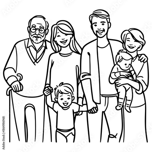 Continuous one black line art drawing happy family father and mother with child doodles style vector illustration on white