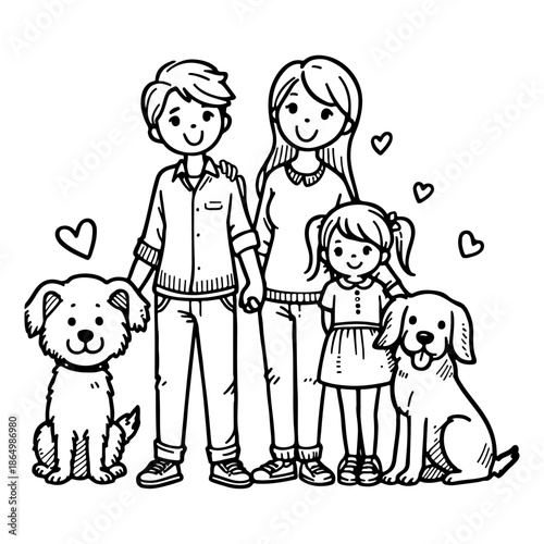 drawing happy family with dog cartoon character doodle vector illustration on white background