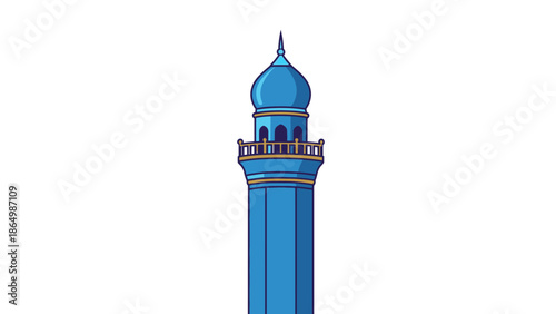 A blue minaret with a dome and balcony against a white background.