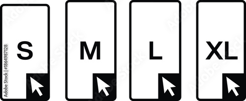 Mobile size selector icons showing S M L XL options, smartphone screens with cursor interaction, responsive UI vector design