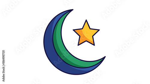 A colorful illustration of a crescent moon and star on a white background with a simple, graphic design style and a calm mood.