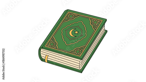 Illustration of a green book with gold accents and a crescent moon on the cover, lying open on a plain white background with a shallow focus.