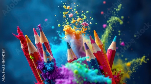 A vibrant burst of colorful powder erupts around a cluster of red pencils, symbolizing creativity, artistic expression, and the joyful essence of imagination