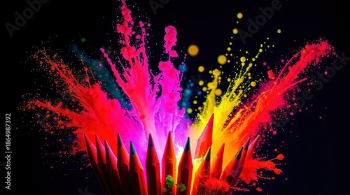 Explosion of Vibrant Colors from Sharpened Pencils Illustrating Creativity and Artistry