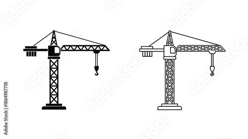 Two construction cranes depicted in a simple black and white silhouette