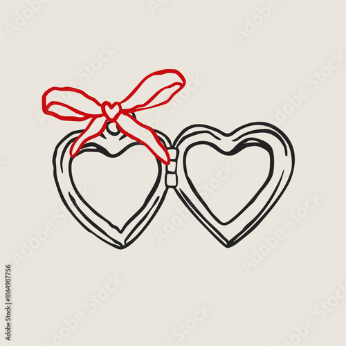 Heart shape Locket with ribbon. Trendy outline style. Locket pendant. Hand drawn modern Vector illustration. Isolated design element. Jewelry, accessories concept
