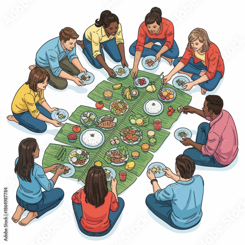 Diverse group of friends enjoying meal together on green mats