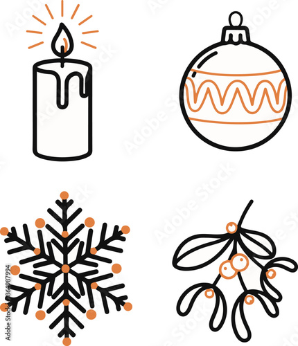A set of four modern Christmas icons featuring a glowing candle, a decorative bauble, a geometric snowflake, and a mistletoe branch, styled in black line art with vibrant orange accents.