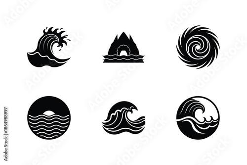 Set of Ocean Wave Silhouettes. Tropical Summer Beach Wave Icons. Nature and Ocean Themed Design Icons.