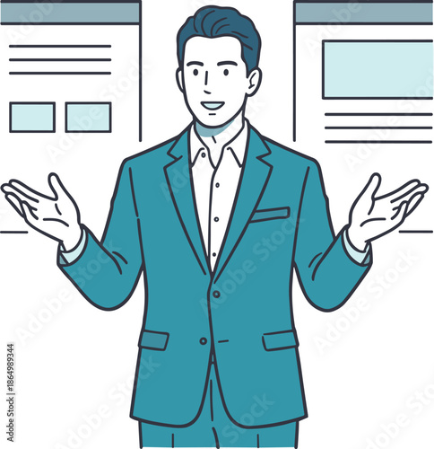 資料を比較しながら説明する男性ビジネスパーソンのイラスト