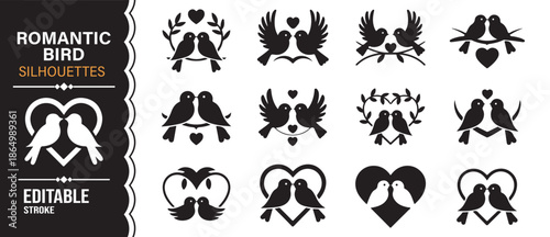 Black romantic bird couples silhouettes editable vector set
