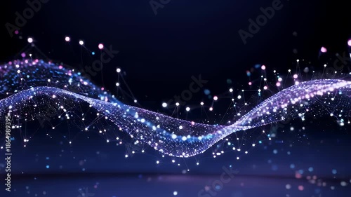 A dark background sets the stage for a glowing, undulating structure formed by interconnected dots. The points emit soft, colorful light