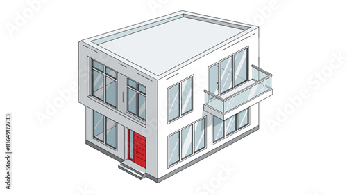 A vibrant, modern two-story house with clean lines and large windows is depicted in an eye-level isometric view, featuring a prominent red front door and a small balcony.
