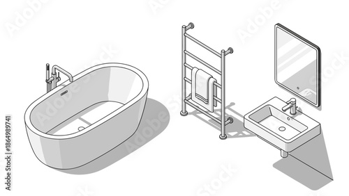 A collection of essential modern bathroom fixtures in a clean line art style includes a spacious freestanding bathtub, a towel rack, a sleek wall-mounted sink, and a rectangular mirror.