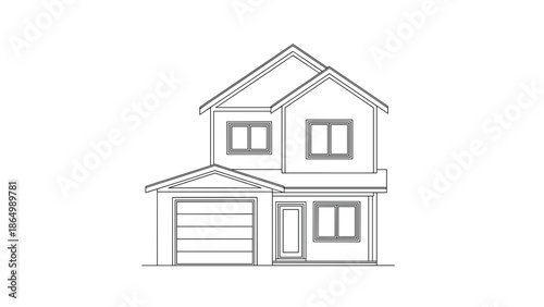 A detailed line art illustration depicts a classic two-story residential house with an attached garage, showcasing a traditional architectural style with a gabled roof and multiple windows.