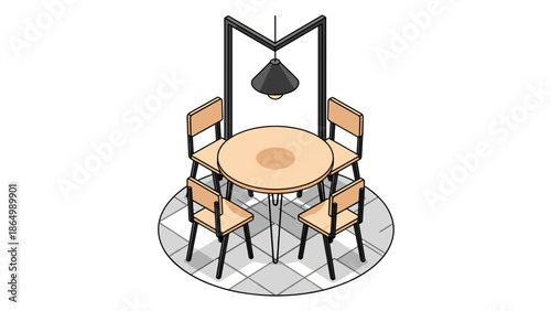 An isometric illustration displays a modern dining area, featuring a round wooden table, four minimalist chairs, a contemporary pendant light, and a stylish checkered floor design.