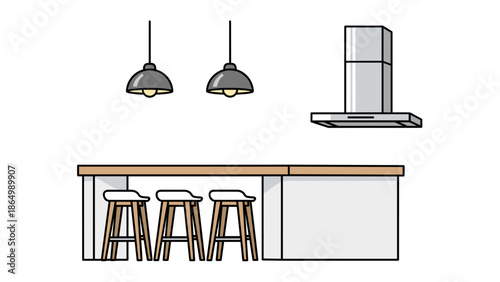 A modern kitchen interior illustration showcases a sleek island counter, three stylish bar stools, two contemporary pendant lights, and a range hood, symbolizing modern culinary design.