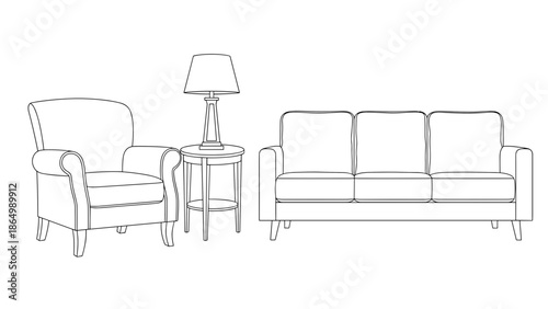 This clean line art illustration showcases a minimalist living room interior, featuring a comfortable armchair, a practical side table with a lamp, and a spacious sofa.