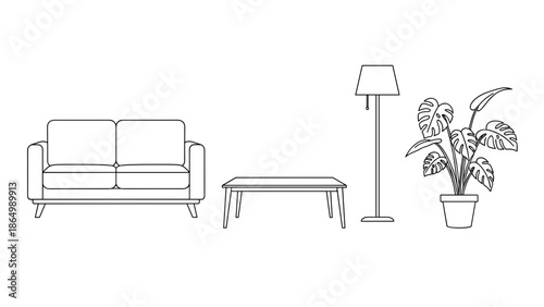 This crisp line art illustration displays a modern living room setup, featuring a two-seater sofa, a minimalist coffee table, a sleek floor lamp, and a decorative potted plant.