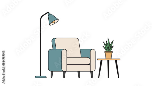 This vibrant illustration depicts a cozy modern lounge area, featuring a comfortable armchair, a contemporary floor lamp, and a side table with a decorative potted plant.
