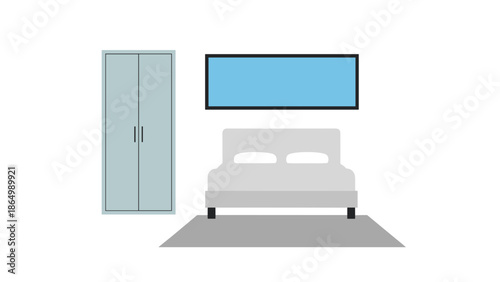 A modern bedroom interior illustration displays a comfortable bed, a spacious wardrobe, a rectangular area rug, and a large wall-mounted television, creating a contemporary sleeping space.