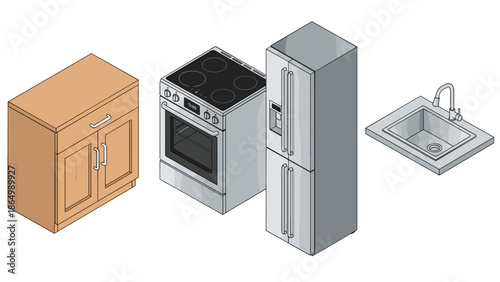 An isometric illustration depicts essential modern kitchen appliances: a wooden cabinet, a freestanding oven with stove, a tall refrigerator, and a stainless steel sink.