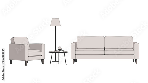 A cozy living room arrangement presents a comfortable armchair, a practical side table with a standing lamp, and a spacious three-seater sofa, perfect for relaxation and entertaining guests.