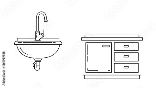 A functional bathroom setup features a stylish wall-mounted basin with a modern faucet, paired with a practical vanity cabinet containing a cupboard and multiple drawers for essential storage.