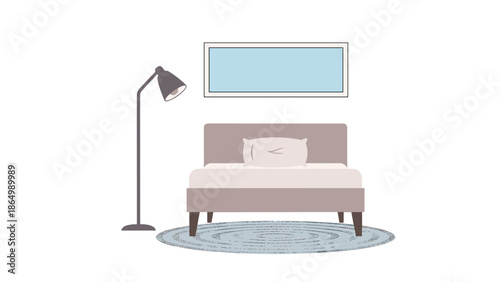 A simple and inviting bedroom setup features a comfortable bed with a headboard, a stylish floor lamp, a round patterned rug, and a rectangular window creating a serene space.