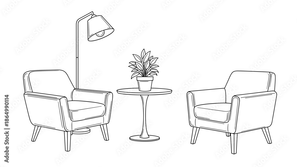 Fototapeta premium A versatile and minimalist living room arrangement including a comfortable sofa bed, a sleek coffee table, a modern floor lamp, a white sideboard, and a warm area rug.