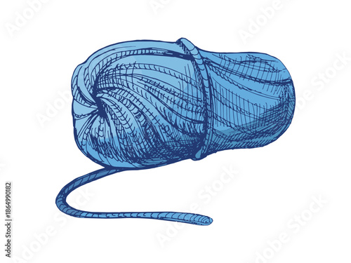 Hand drawn vintage sketch of blue yarn ball with loose thread, cozy knitting illustration in pastel color