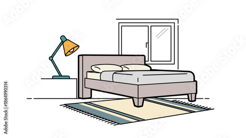 A cozy bedroom illustration shows a comfortable bed, an adjustable green lamp on a side table, and a patterned rug, all beneath a window.