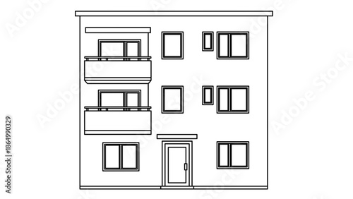 This detailed line art drawing depicts a multi-story apartment building, showcasing numerous windows, balconies, and a clear entrance door on the ground floor.