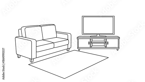 This minimalist line art illustration displays a living room with a comfortable two-seater sofa, a television on a media console, and a rectangular rug.