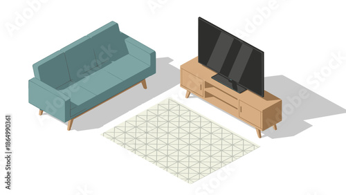 This isometric illustration displays a modern living room setup with a teal sofa, a wooden media console, a television, and a patterned rug.