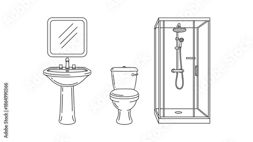 This clean line art illustration details essential bathroom fixtures, including a pedestal sink, a wall mirror, a toilet, and a stand-up shower.